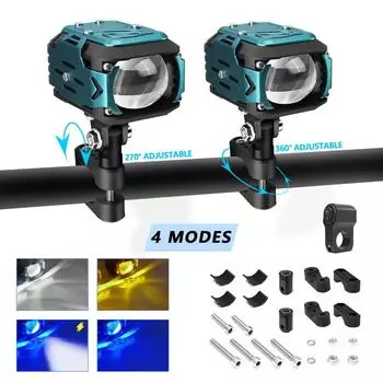 Вспомогательные светодиодные фары для мотоциклов, белые/янтарные/синие противотуманные фары с кронштейнами для крепления, рабочие фары для бездорожья 2PCS чёрный