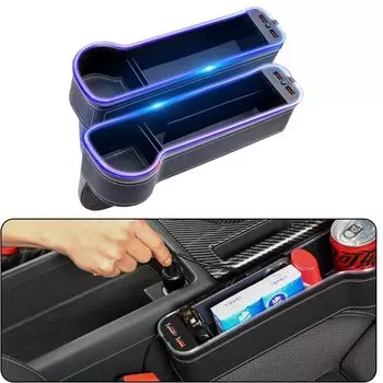 Вставной карман для автомобильного сиденья, боковой ящик для хранения вещей, карман для сиденья, USB-зарядка, набор из 2 светодиодных сидений, 7-цветная подсветка, консоль, подстаканник