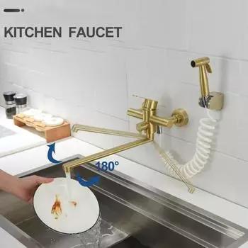 Встраиваемый в стену матовый золотой смеситель для кухонной мойки с удлиненным изливом, черный, для горячей и холодной воды, двухотверстий, смеситель для раковины, водопроводный кран из нержавеющей стали