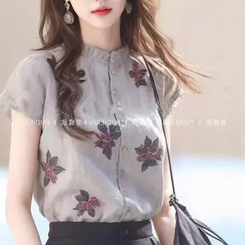 Встречное Снятие Хвост Заказ Рами Топ Западный Стиль Классический Шик Маленькая Рубашка Серый Лен Хлопок Лен Принтованная Рубашка с Коротким Рукавом Grey S