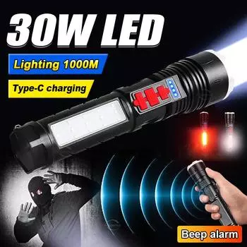 Встроенный аккумулятор, мощный светодиодный фонарик, перезаряжаемый мощный фонарик, ручной фонарь с зуммером, аварийная лампа, наружное освещение built-in battery чёрный
