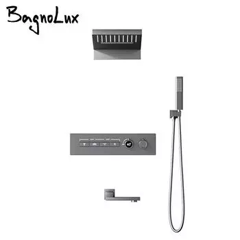Встроенный смеситель для душа с потолочным управлением, светодиодная система смесителя для душа с эффектом дождя, высокопроизводительная душевая лейка с водопадом, термостатический смеситель