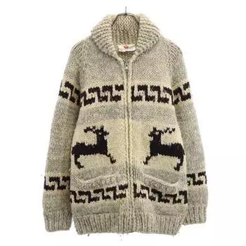 ВСЯ КАНАДА 90-е Старый Ковичан Вязаная куртка с длинным рукавом Серая Мужская Б/У