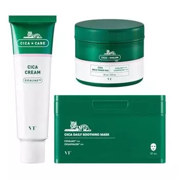 VTCOSMETICS Cica Daily Soothing Mask & Cica Cream & Cica Mild Toner Pad Set Moisturing Dry Skin Sensitive Skin Mask Pack Протирание лосьоном (Комплект жилета VT
