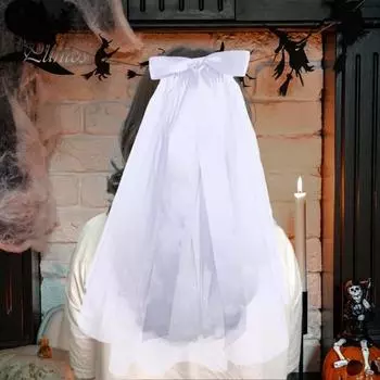 Вуаль на Хэллоуин, двухслойная лента, бант, украшение, мягкая сетчатая вуаль, свадебные аксессуары для косплея на Хэллоуин белый