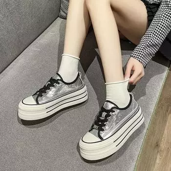Вулканизированная обувь для женщин Кроссовки Весна Толстая подошва Нескользящая женская обувь на шнуровке Повседневная обувь Уличная женская обувь Серебряный цвет 35