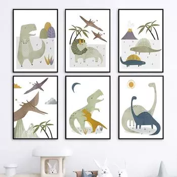 Вулкан Кокосовая Пальма Динозавр Гора Луна Солнце Настенные Художественные Плакаты Печатает Холст Картины Мультфильм Животные Фотографии Детская Комната Декор 21cm30cm NoFrame