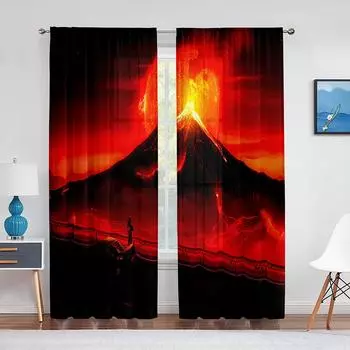 Вулкан, взрывающийся ночью, природа, прозрачная вуаль, шторы для гостиной, шифоновая тюль, оконная занавеска, домашний декор, шторы 1 PCS W100XH250cm&Rod Pocket