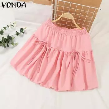 VVONDA женская летняя эластичная талия плиссированные бретели однотонная свободная юбка M розовый