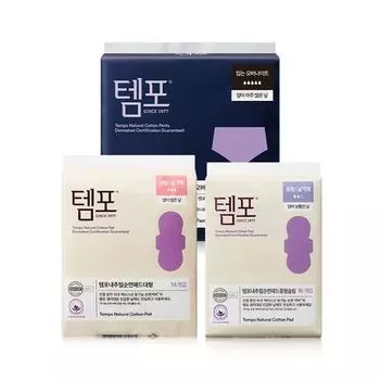 Выберите 1 из 3 видов гигиенических прокладок Tempo Natural Cotton (Средняя тонкая прокладка, большая/ночная прокладка) Natural Pad Large 14P