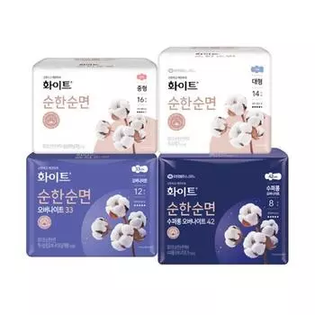 Выберите 1 из 4 белых гигиенических прокладок из чистого хлопка (средний / большой / очень длинный / на ночь),Корейские женские товары Overnight 12P