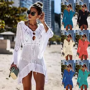 Выдалбленное вязаное бикини женское вязаное платье-накидка крючком пляжная туника длинный чехол бикини купальный костюм пляжная одежда Size белый