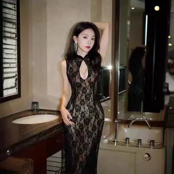 Выдалбливают сексуальное кружево вышивка украшения китайский стиль чонсам без рукавов платье нижнее белье женщины S