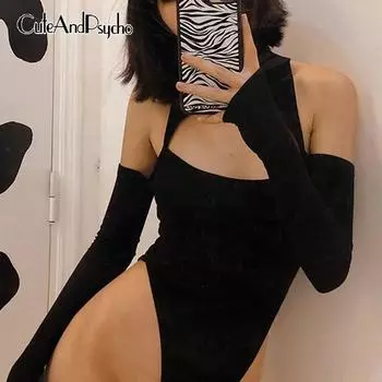 Выдалбливают сексуальные бандажные тонкие боди с длинными рукавами, однотонные эстетические милые комбинезоны, клубная одежда, комбинезоны, осень 90-х, Cuteandpsycho L чёрный