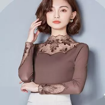 Выдалбливают женские весенне-осенние стильные кружевные блузки, рубашки, повседневные лоскутные водолазки с длинными рукавами и блузками, топы XXXXL чёрный