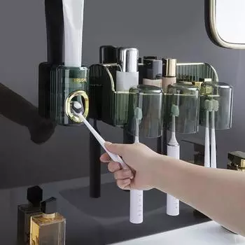 Выдавливатель для зубной пасты для ванной комнаты Настенный без перфоратора Большая несущая способность Противоскользящий полупрозрачный тип пресса Дозатор для зубной пасты для дома в отеле Зубная паста зелёный