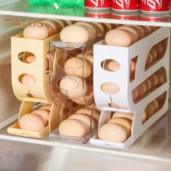 Выдвижная боковая дверца холодильника Полка для хранения яиц Четырехъярусная автоматическая катушка Большая емкость Органайзер для яиц на 30 яиц Диспенсер для яиц Обеденный ресторан Держатель для яиц белый