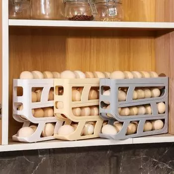 Выдвижная боковая дверца холодильника Полка для хранения яиц Четырехъярусная автоматическая прокатка с глубокими канавками Вмещает 30 Органайзер для яиц Диспенсер для яиц Ресторан-закусочная белый
