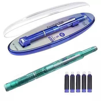 Выдвижная перьевая ручка с тонким пером 0,38 мм, черные/синие чернила, ручка с прозрачным корпусом и 5 заправляемыми чернильными картриджами для эскизов и ведения дневника B