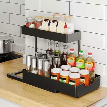 Выдвижная полка для хранения кухонного шкафа под раковиной, большая вместимость, 2 уровня, Г-образная, простая установка чёрный