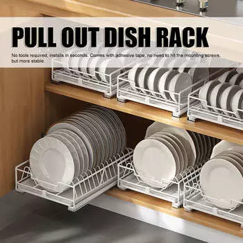 Выдвижная полка для посуды, белая, эффективная, простая в установке, устойчивая, вместительная, из углеродистой стали, органайзер для посуды для кухонного шкафа