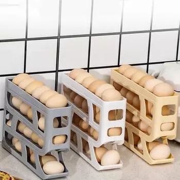 Выдвижная полка для яиц на боковой двери холодильника, четырехъярусная автоматическая полка для хранения с глубокими канавками светло-желтого