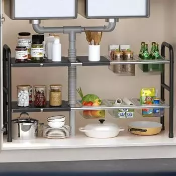 Выдвижная полка для раковины, многоуровневая, экономит место, стеллаж для хранения бытовых приправ, съемный, масштабируемый, вместительный кухонный органайзер