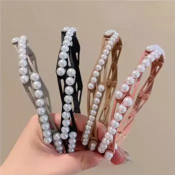 Выдвижная складная повязка для волос с жемчугом для женщин и девочек, нескользящая повязка на голову, повязка для мытья лица, укладка волос для девочек, плетение сломанных волос чёрный