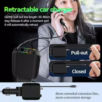 Выдвижное автомобильное зарядное устройство 120 Вт, 4 порта USB C, автомобильное зарядное устройство, адаптер для iPhone, многофункциональное автомобильное зарядное устройство для Android чёрный