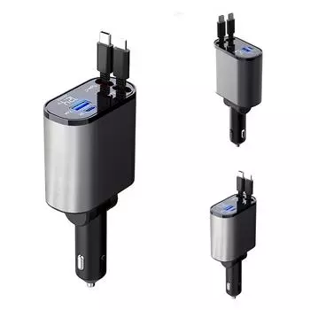 Выдвижное автомобильное зарядное устройство, 4 в 1 быстрое автомобильное зарядное устройство для телефона 120 Вт, 2 выдвижных кабеля и автомобильное зарядное устройство USB, совместимо с iOS, Galaxy One Size