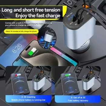 Выдвижное автомобильное зарядное устройство 4 в 1, быстрое зарядное автомобильное зарядное устройство, 120 Вт, выдвижной кабель и 2 порта USB, совместимый с автомобильным зарядным устройством