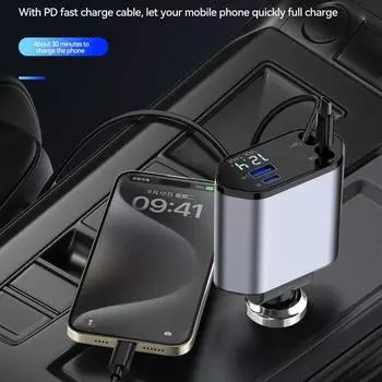 Выдвижное автомобильное зарядное устройство, 4 в 1 быстрозарядное автомобильное зарядное устройство 120 Вт, выдвижной кабель и 2 порта USB, совместимый с автомобильным зарядным устройством