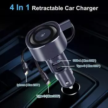 Выдвижное автомобильное зарядное устройство 4 в 1 60 Вт быстрое зарядное устройство для телефона с двойным выдвижным кабелем USB A USB C порты для телефонов
