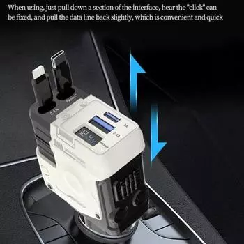Выдвижное автомобильное зарядное устройство 66 Вт с дисплеем напряжения для быстрой зарядки 4-в-1 для супербыстрой машины чёрный