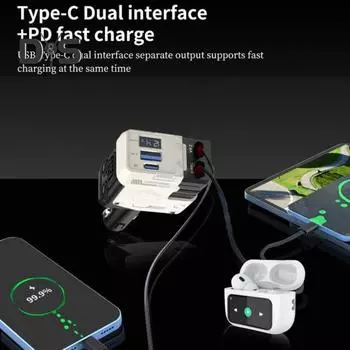 Выдвижное автомобильное зарядное устройство 66 Вт с дисплеем напряжения для быстрой зарядки 4-в-1 сверхбыстрое автомобильное зарядное устройство для телефона с портами Type-C USB-A для iPhone Еще чёрный