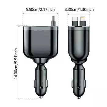 Выдвижное автомобильное зарядное устройство, сверхбыстрая зарядка USB 3.1A Type C PD, быстрая зарядка, определение напряжения для зарядного устройства для телефонов Ios и Android чёрный