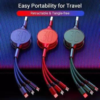 Выдвижной 3-в-1 USB-кабель для быстрой зарядки данных для Micro USB-C чёрный