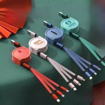 Выдвижной кабель Macaron 3-в-1 для передачи данных с логотипом, быстрая зарядка для 3 устройств large round shell, 3A fast charge, 1.1 meters жёлтый