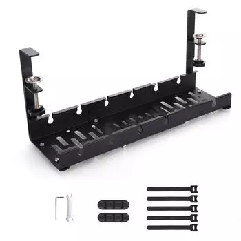 Выдвижной кабельный лоток под столом без сверления. Металлический кабельный лоток под столом с зажимом. Выдвижной держатель шнура удлинителя.