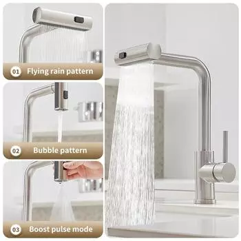 Выдвижной кухонный кран из нержавеющей стали никеля 304, водопадный смеситель для горячей и холодной воды, многофункциональный поворотный смеситель для мойки серебряный