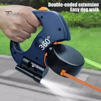 Выдвижной поводок для домашних животных, двойной пояс для выгула собак, не спутывающийся, с дозатором для фекалий и фонариком, эргономичная ручка, поводок для дрессировки домашних животных для маленьких и средних собак чёрный