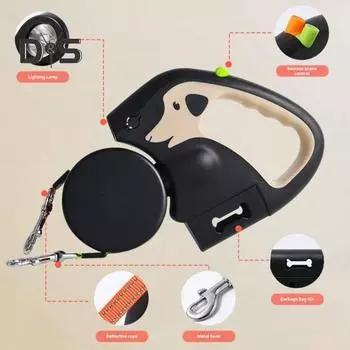 Выдвижной поводок для собак для 2 собак, нейлоновый трос для вытягивания со светодиодными лампами, эргономичная ручка, держатель для мешков для фекалий для маленьких собак 3M красный