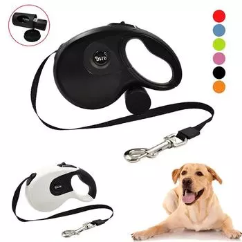 Выдвижной поводок для собак с мешком для какашек. Поводок для собак маленьких, средних и крупных размеров. Прочная нейлоновая лента, не спутывающаяся на 360°, с противоскользящей ручкой. Тормоз для одной руки. 3m белый