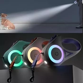 Выдвижной поводок для собак Выдвижной поводок для собак мелких и средних пород С фонариком и подсветкой Безопасность в ночное время 3M чёрный