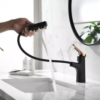 Выдвижной смеситель для раковины с одной ручкой (черный и розовое золото) чёрный