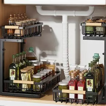 Выдвижные полки для раковины на кухнеНовые двухъярусные регулируемые шкафыНижние полки для хранения Organizador De Cocina белый