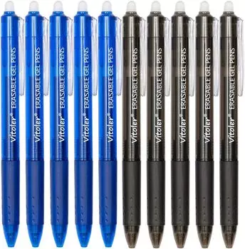 Выдвижные стираемые гелевые ручки Vitoler-кликер, тонкое острие(0.7mm), «Заставь ошибки исчезнуть», 5 черных и 5 синих гелевых ручек чёрный/синий