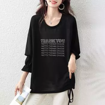 Выглядите ослепительно в этом изысканном черном топе размера плюс с мерцающими стразами и удобным свободным кроем с завязкой на подоле L чёрный