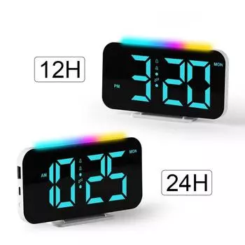 Выход 12H/24H цифровые светодиодные часы RGB FM-радио 180° Проекционный будильник с RGB ночной подсветкой 6 уровней яркости Два порта USB