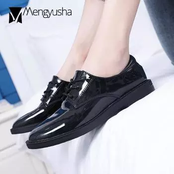 Выкройки для шитья из лакированной кожи женские оксфорды быки осенние новинки рабочая обувь на плоской подошве броги на шнуровке женская обувь 5